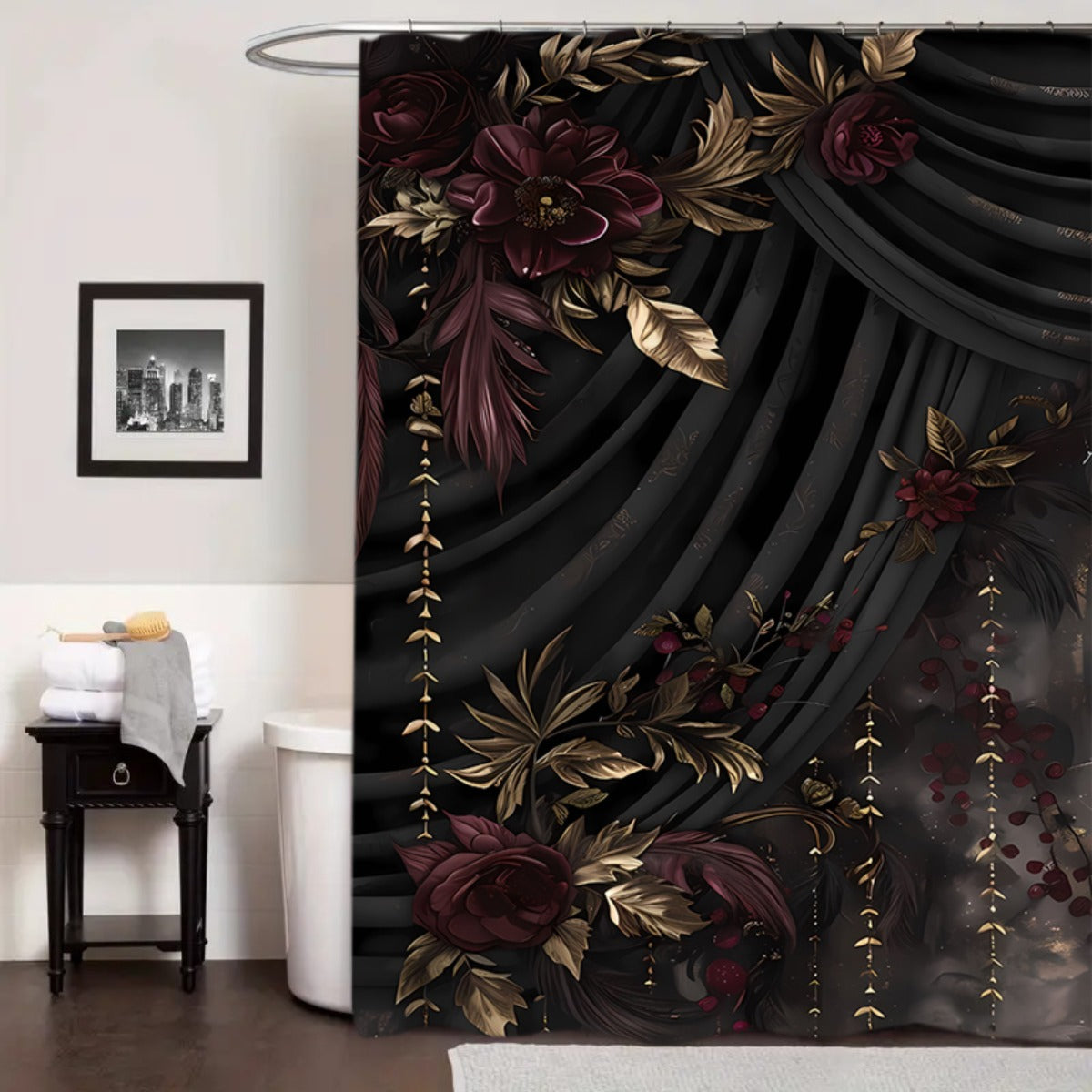 A Set of 1-4 Gold-Plated Rose Design Shower Curtains for The Bathroom, Complete with 12 Hooks, a Non-Slip Bath Mat, a U-Shaped Toilet Pad, a Toilet Seat Cover, And Decorative Items for The Bathroom, Ideal for Shower Curtain S