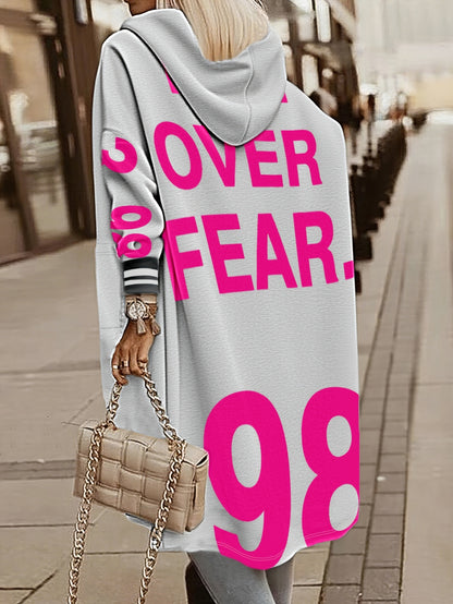 Women's Winter Hooded Jacket with 'LOVE' Lettering & -1 Zippered Coat, Striped Cuff & Pocket Design, Casual Warm Outerwear for Fall/Winter, (Machine Washable) - Everyday Outer Layer, Sweater-like Blazer Style