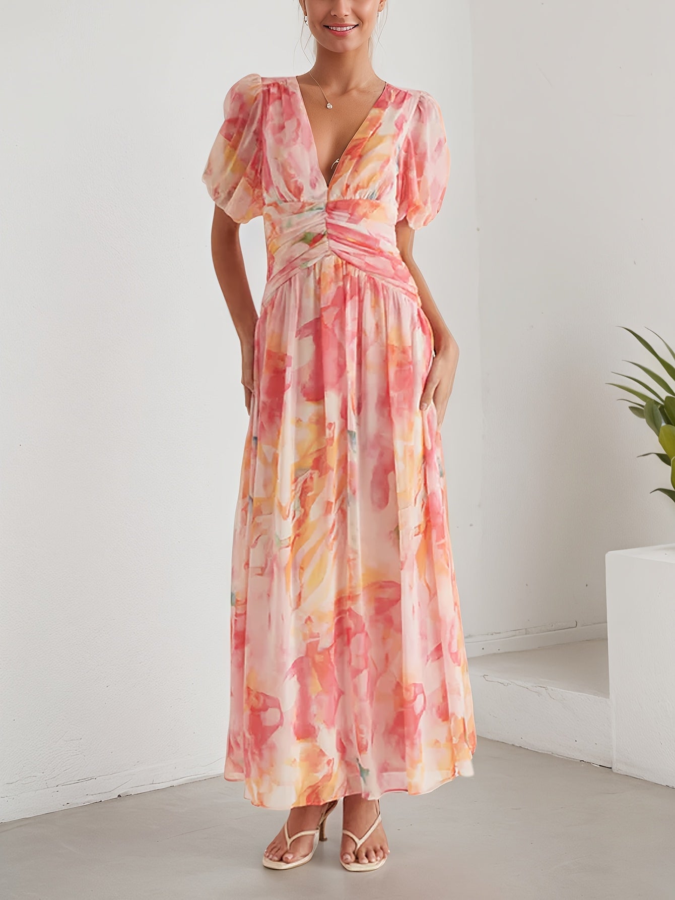 A Women'S Dress Featuring a Long Chiffon Skirt with a V-Neck And Short Sleeves, Designed with a High Waist And Print, Perfect for a Stylish And Refreshing Date Party Look