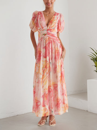 A Women'S Dress Featuring a Long Chiffon Skirt with a V-Neck And Short Sleeves, Designed with a High Waist And Print, Perfect for a Stylish And Refreshing Date Party Look