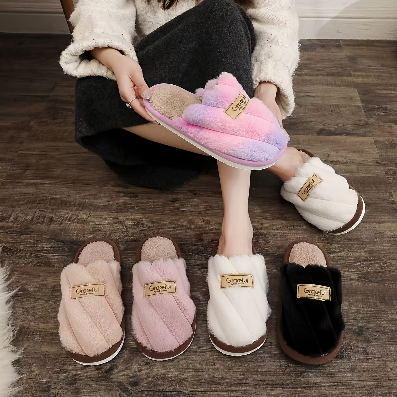 Women's Winter Plush House Slippers - Cozy Indoor/Outdoor Moccasins with Soft & Non-Slip PVC Sole, Beige/Black/Pink/Brown/ - Cushioned Warmth for Home, Hotel, Spa - Easy-Care Fabric Upper (No Maintenance)