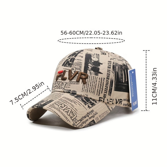 Vintage Newspaper Print & FLVR Letter Embellished Baseball Cap - Adjustable Snapback, Lightweight Breathable Unisex Sports Hat with 3D Embroidery, Moisture-Wicking for Outdoor, Travel, Casual & Valentine'S Day - Retro Gift fo