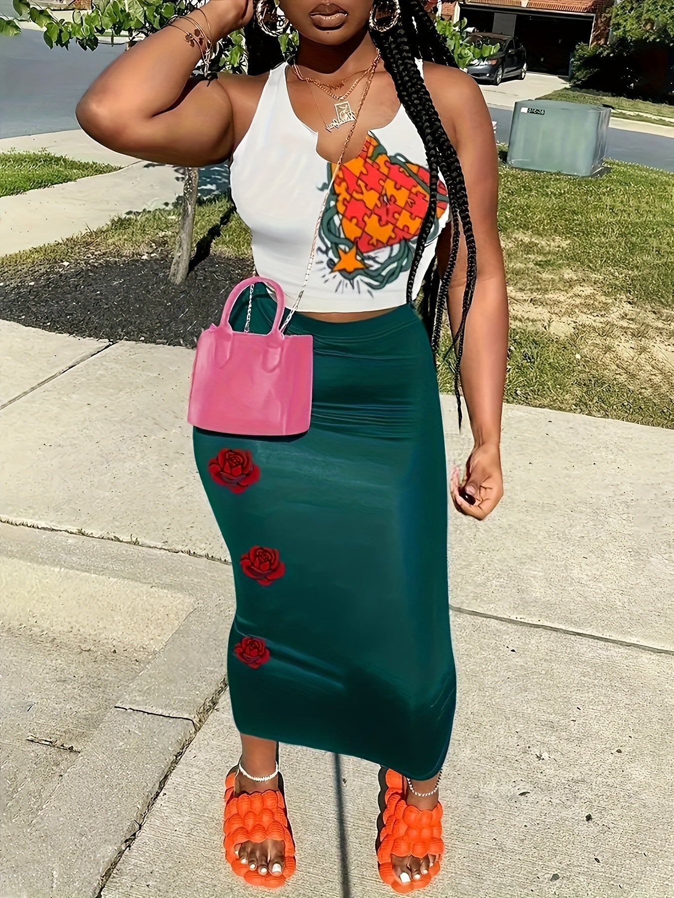 Women'S Floral Print Two-Piece Set - Sleeveless Crop Top & High-Waisted Skirt, Vibrant Red & Orange Floral Design, Medium Stretch Fabric, All-Season Casual Attire, Casual Attire|Floral Print Top|Stretchy Fabric, Floral Print