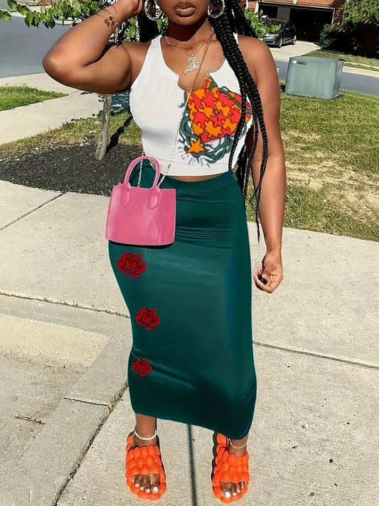 Women'S Floral Print Two-Piece Set - Sleeveless Crop Top & High-Waisted Skirt, Vibrant Red & Orange Floral Design, Medium Stretch Fabric, All-Season Casual Attire, Casual Attire|Floral Print Top|Stretchy Fabric, Floral Print