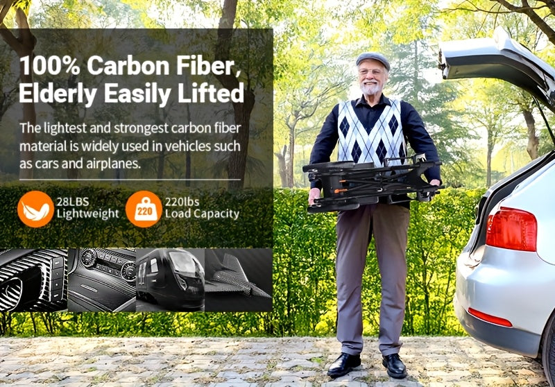 100% Carbon Fiber Electric Wheelchair 28lbs Ultra-Light Foldable No Assembly Required Dual Batteries 28-Mile Range All-Terrain Capable And FAA Approved