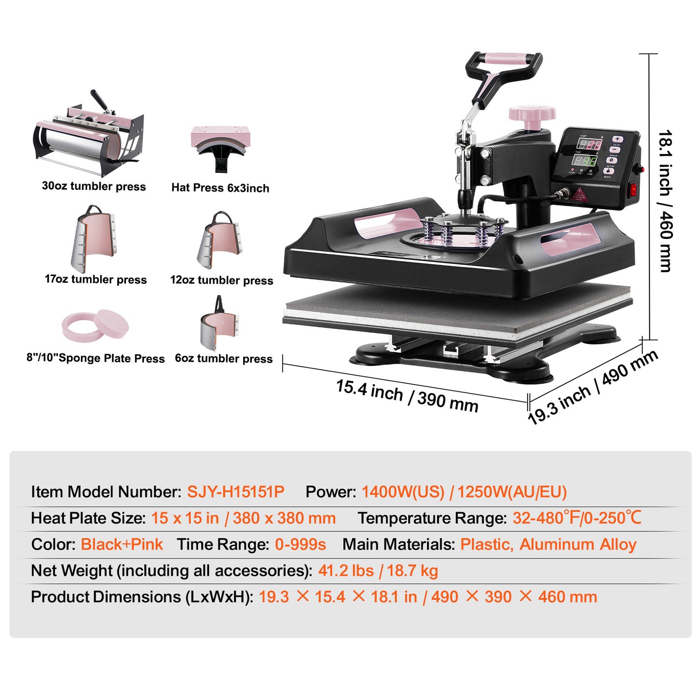 Happybuy 8-In-1 Heat Transfer Machine, 15X15 Inch with Tumbler Press, 360° Swing Away Digital Press for T-Shirts, Mugs, Hats, And Plates, in Black