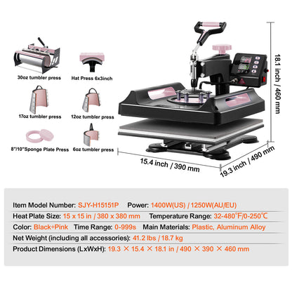 Happybuy 8-In-1 Heat Transfer Machine, 15X15 Inch with Tumbler Press, 360° Swing Away Digital Press for T-Shirts, Mugs, Hats, And Plates, in Black