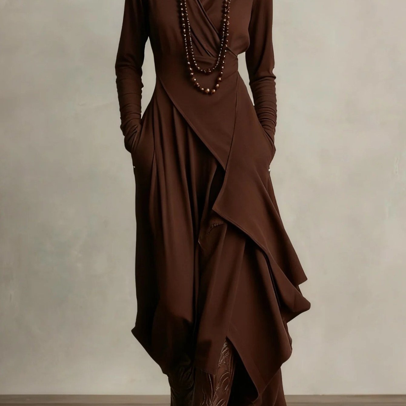 Plus Size - HERTALK Women'S Solid Color Long-Sleeved Cross High-Neck Dress Long Dress