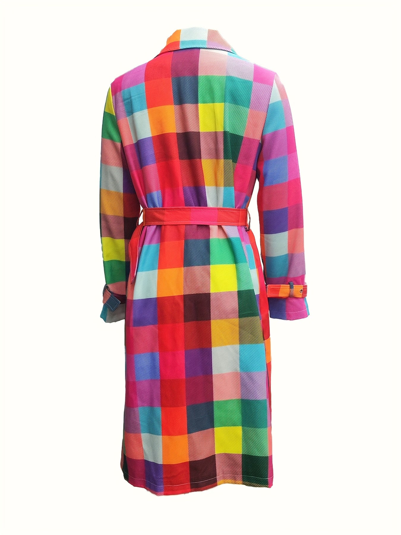 Colorful Plaid Print - Directional Durable Construction - Women's Raincoat with Belt - Elegant Long-Sleeved Jacket with Front Ties - Machine Washable Polyester - Bright Plaid Design - Perfect for Casual Fashionable Outfits