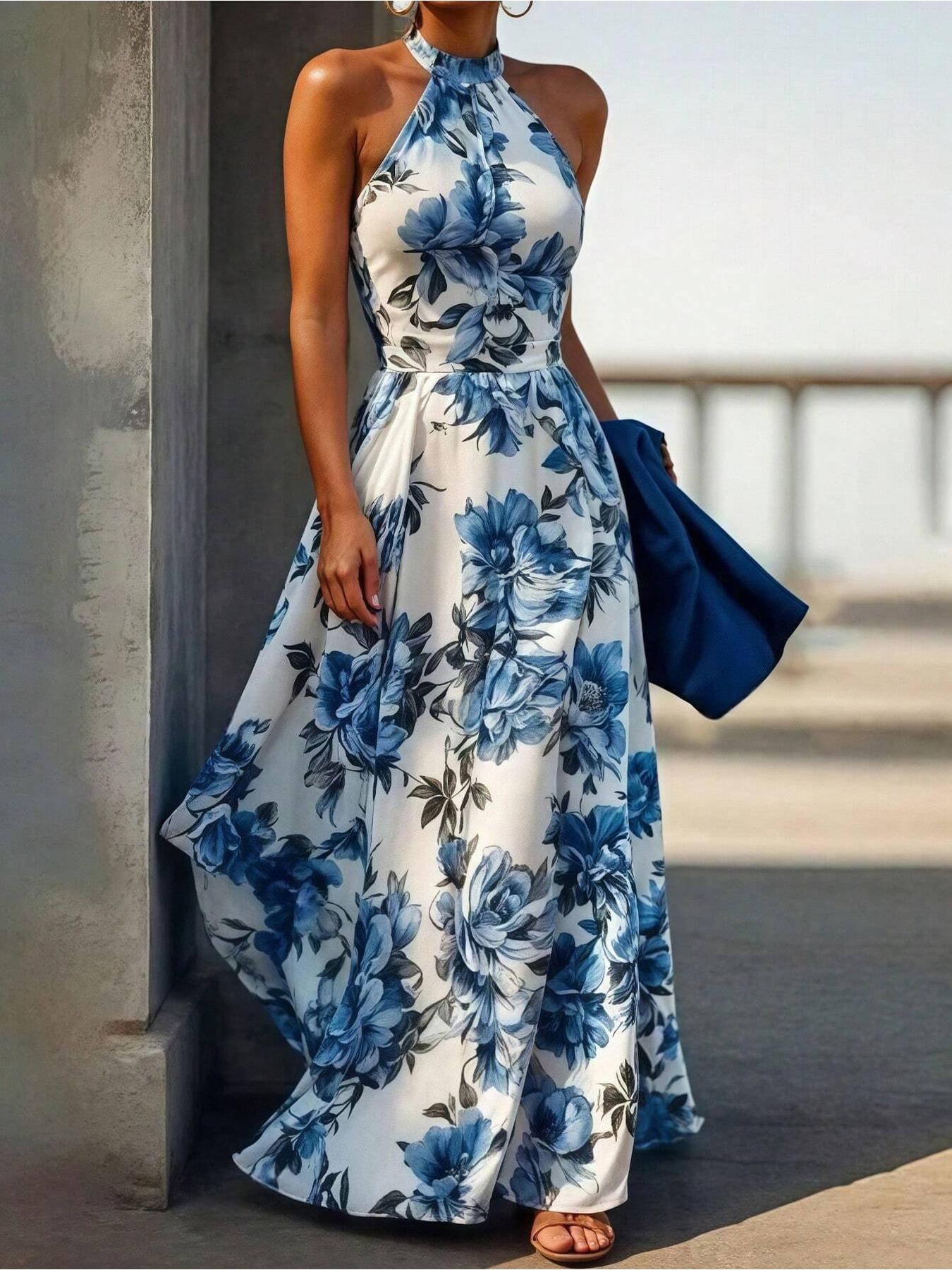Women's Elegant Sleeveless A-Line Maxi Dress with Backless Hang Neckline, Smock Detail & Full Flare - -Length Wedding Guest Gown, Prom Dress, Special Occasion Attire