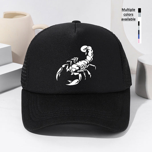 Unisex Scorpion Print Baseball Cap - Breathable Mesh Trucker Hat with Adjustable Fit for Outdoor Sports, Fishing & Casual Wear, Black with White Scorpion Design, Spring/Summer Collection, Spring Summer Cap | Stylish Headgear
