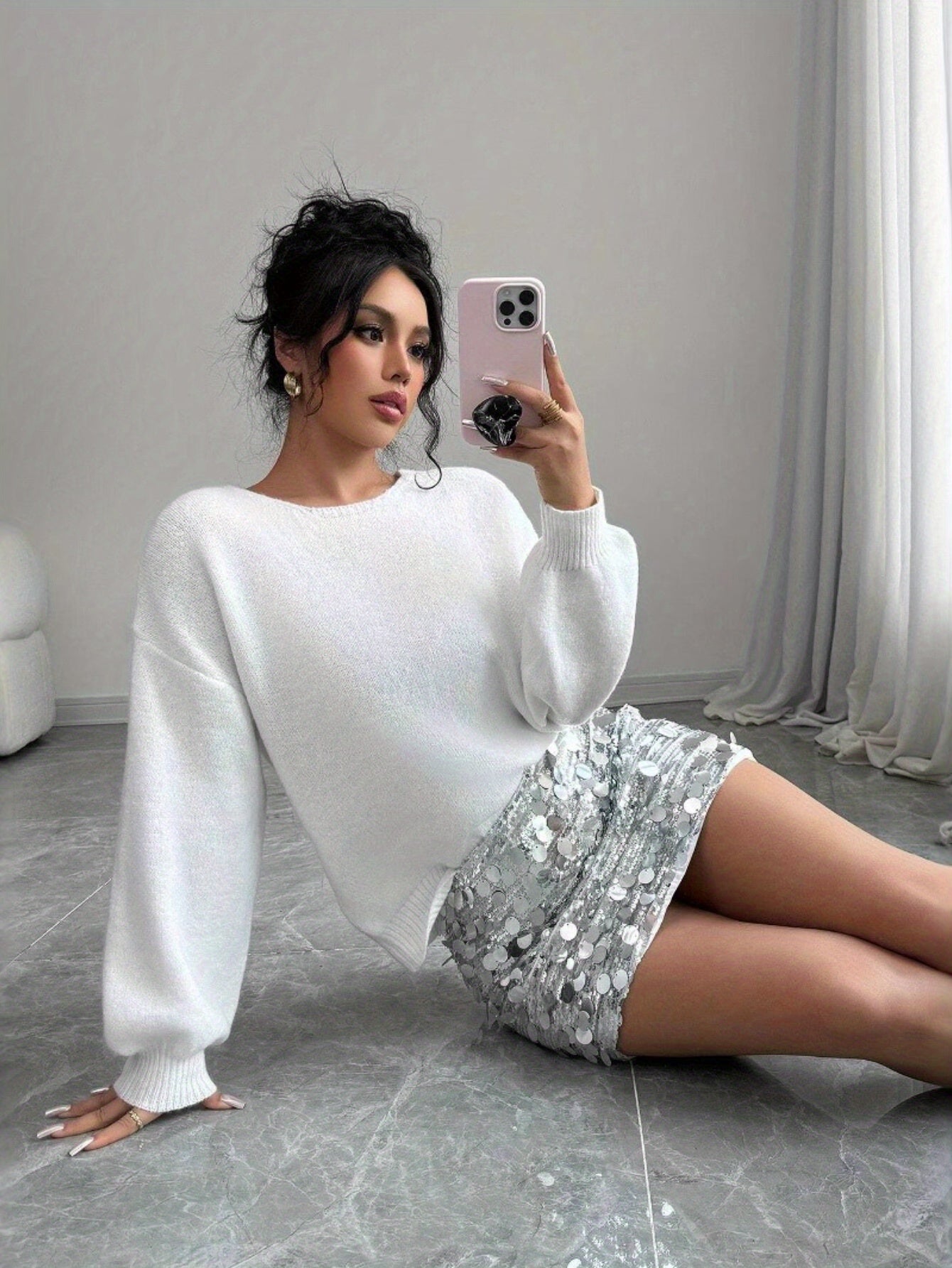 French-Style Sequin Bow-Adorned Loose-Fit Cardigan Sweater with Button Front Placket - Winter Warm Blouse, Casual Elegant Outerwear for Parties Weddings Daily Wear