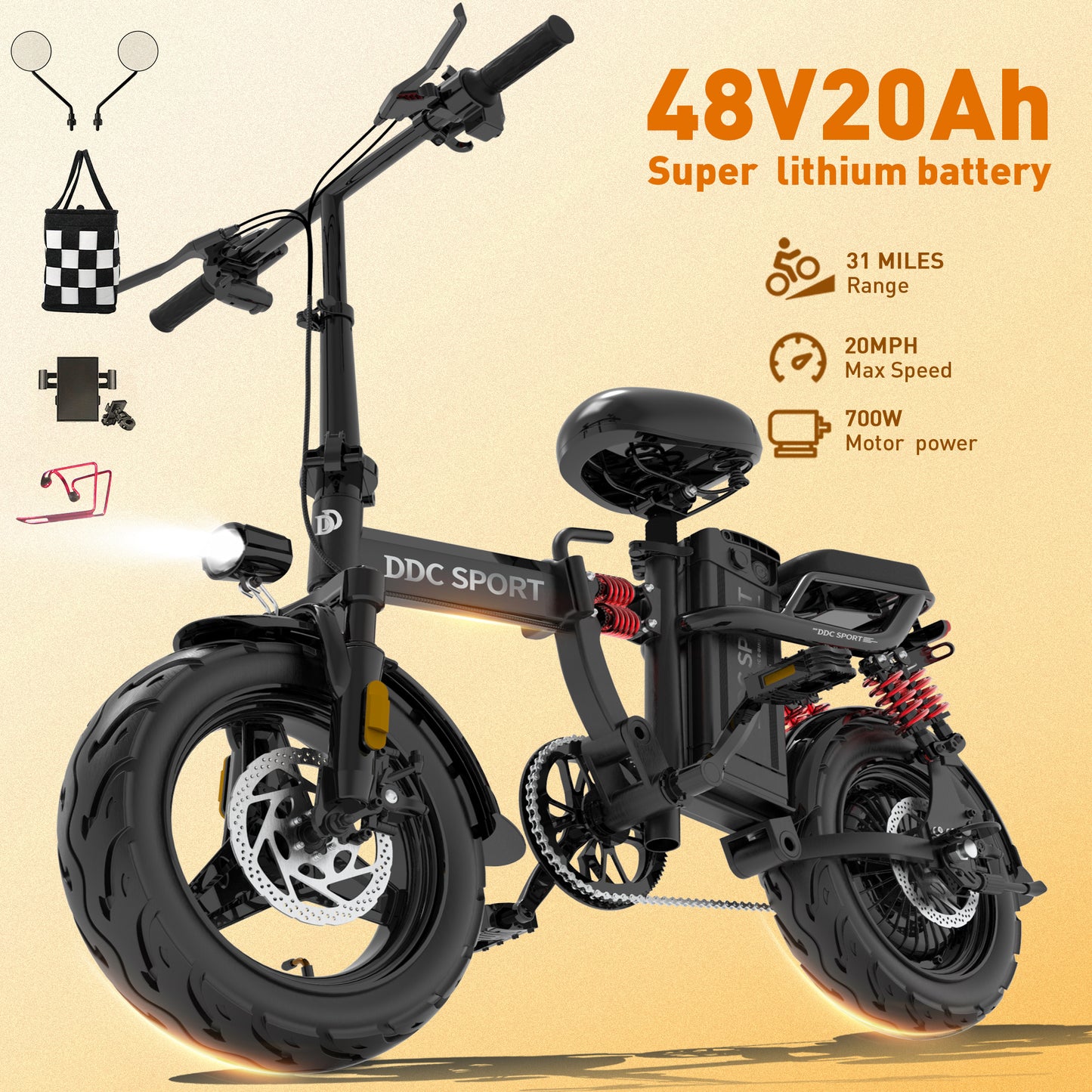M1 Electric Bike For Adults,35 Miles Range,700W peak motor,20MPH Speed, 48V 20Ah Removable Battery, Dual Disc Brakes, Front And Rear Suspension & Commuter EBike, 14'' all-purpose tire, LCD Mileage Display,, 330lbs Capacity -