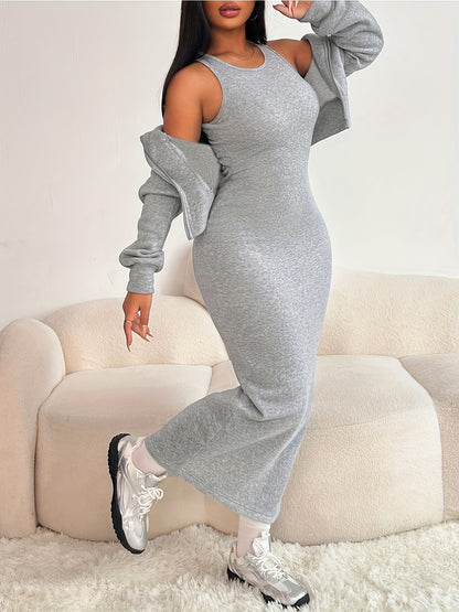 Women's Spring/Autumn Casual Fashion Solid Color Two-Piece Set - Round Neck Sleeveless Midi Dress + Long Sleeve Outerwear - Comfortable Fabric Essential for Commuting and Dating