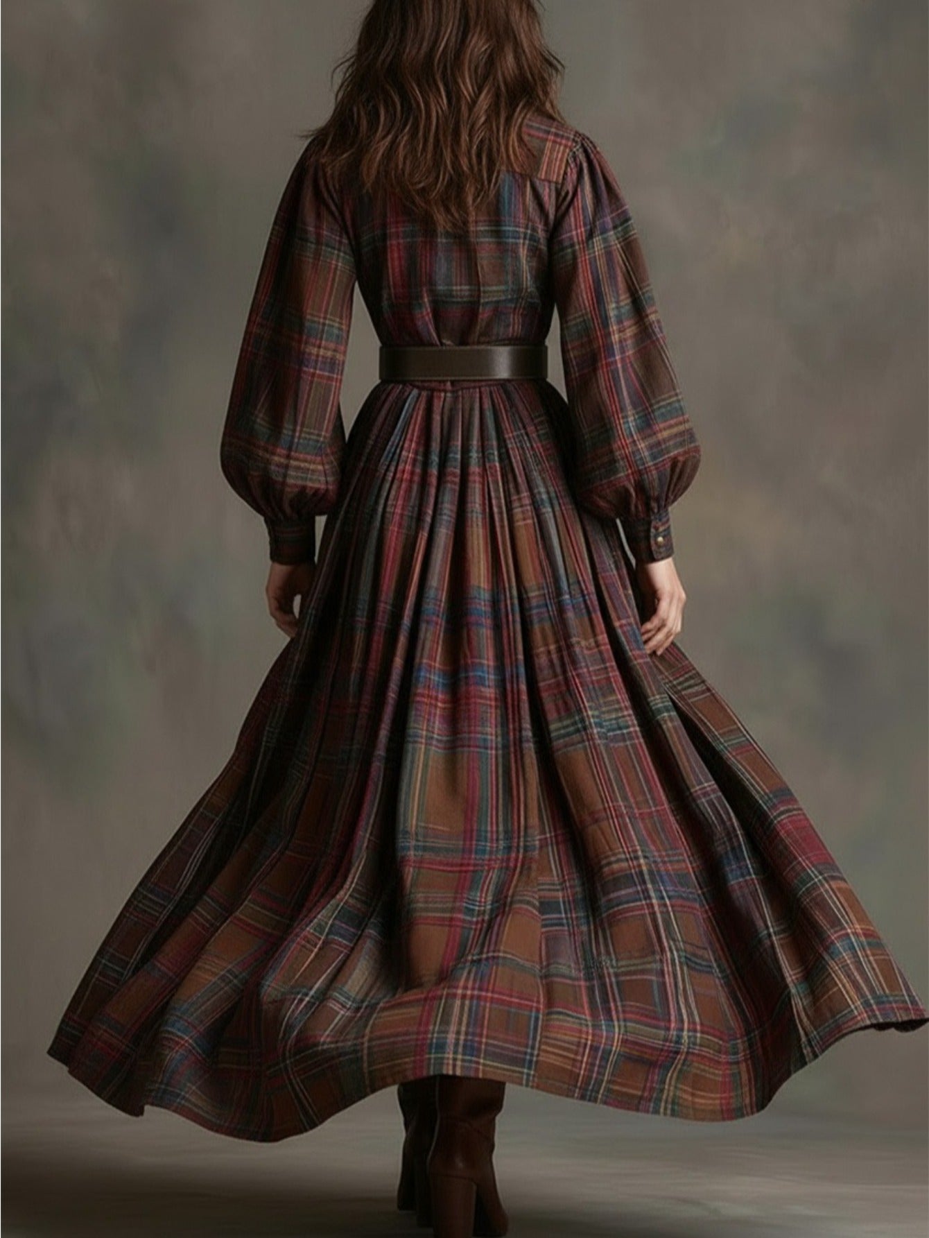 [Vintage Belted Dress] Women' Vintage Belted Waist-Defining Long Dress with Puff Sleeves - -Line Collar Dress Suitable for Date Nights, Parties & Winter Events - Retro Formal Dress