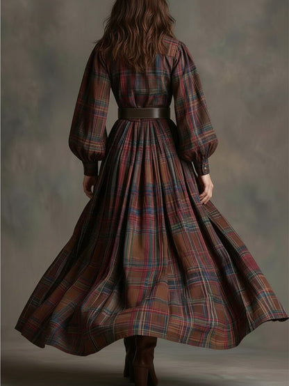 [Vintage Belted Dress] Women' Vintage Belted Waist-Defining Long Dress with Puff Sleeves - -Line Collar Dress Suitable for Date Nights, Parties & Winter Events - Retro Formal Dress
