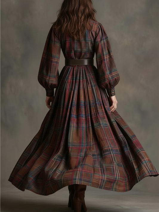 [Vintage Belted Dress] Women' Vintage Belted Waist-Defining Long Dress with Puff Sleeves - -Line Collar Dress Suitable for Date Nights, Parties & Winter Events - Retro Formal Dress