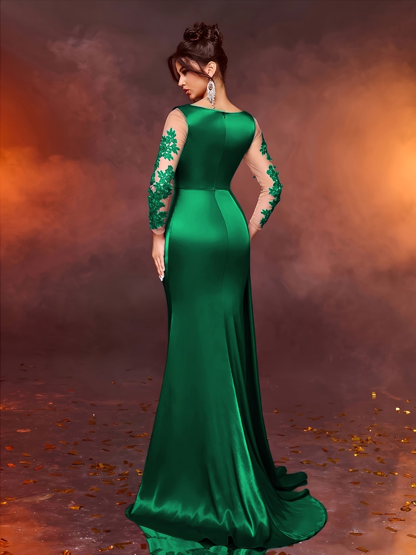 Elegant Long Ladies' Gown with Lace Detail | Solid Color, Contrast Mesh, Long Sleeve, Gown Hem, Ideal for Christmas, Birthday, Graduation, Travel