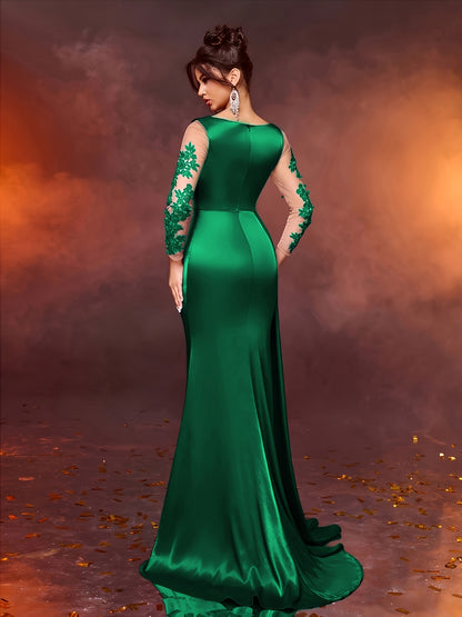Elegant Long Ladies' Gown with Lace Detail | Solid Color, Contrast Mesh, Long Sleeve, Gown Hem, Ideal for Christmas, Birthday, Graduation, Travel