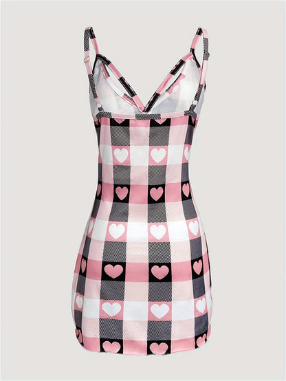 Heart Plaid Print Spaghetti Strap V Neck Slim Fit Slit Sleepwear