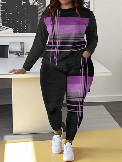 Women'S Casual Striped Print Long Sleeve Crew Neck Jumpsuit with Pockets, 100% Polyester Fabric, Slight Stretch Pullovers, Fashion Lash Sets for Everyday Wear