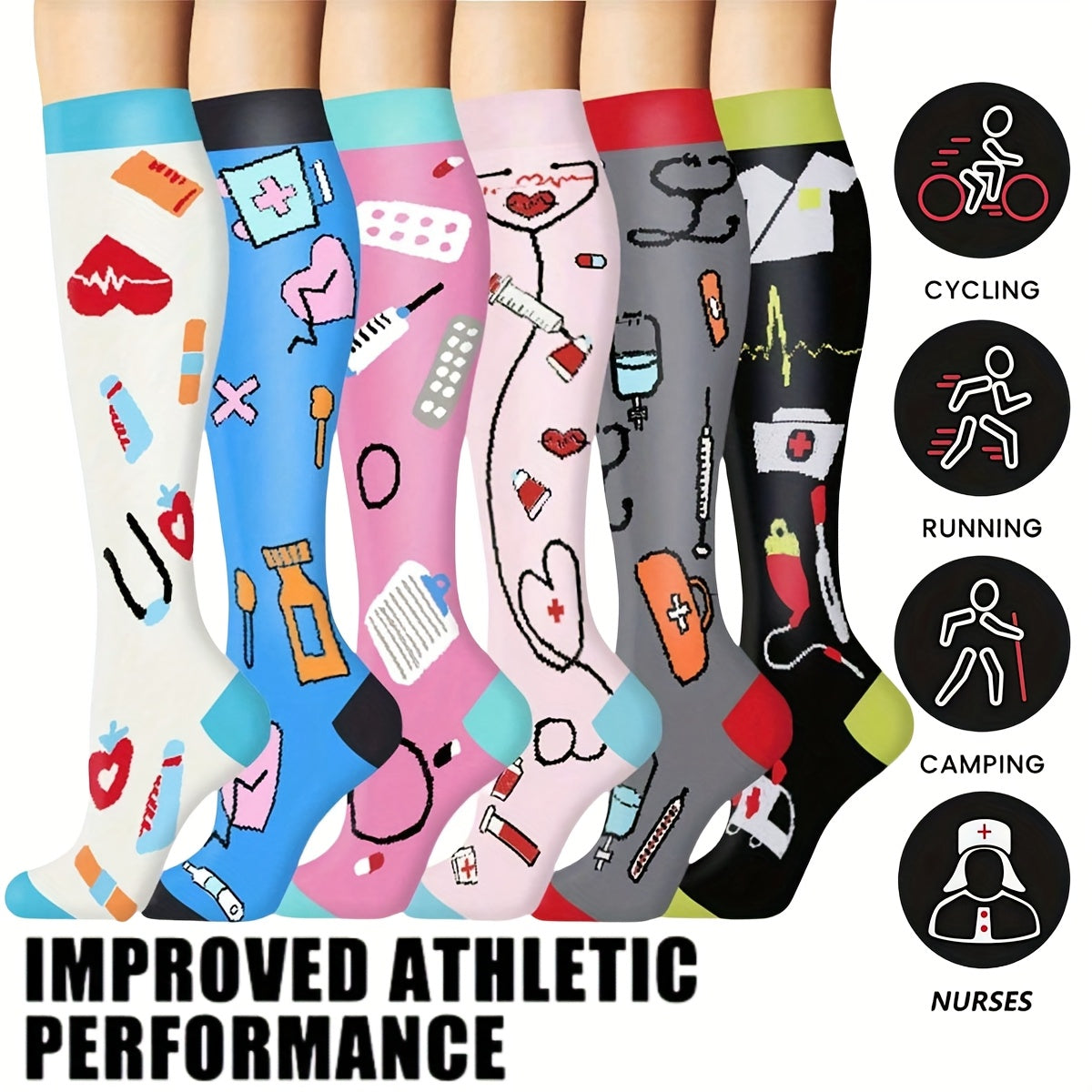 6 Pairs Compression Sports Socks, Unisex Lightweight Casual Mid-Calf Socks For Running, Cycling, Soccer, Hiking, Outdoor Activities & Travel