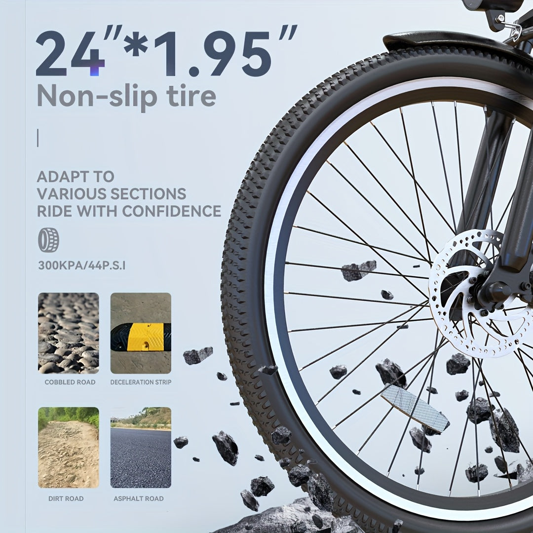 24-inch Wheels, 20-26MPH Commuter, LCD Display, 7 Speed Shift Adult Electric Bicycle, 350-500w Powerful Motor, 36V 10.4A Lithium Battery, Aluminum Alloy Body, Front Fork Shock Absorber, Headlights, Night Driving Protection, B