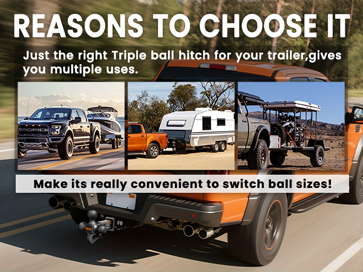 Trailer Hitch Tri-Ball Mount with Hook & Pin, Hitch Ball Size 1-7/8", 2" And 2-5/16", Fit 2 Inch Hitch Receiver, Max GTW 10, 000 LBS, Fit 2 Inch Hitch Receiver, Tow Hitch for RVs, SUVs, ATVs, And Trucks