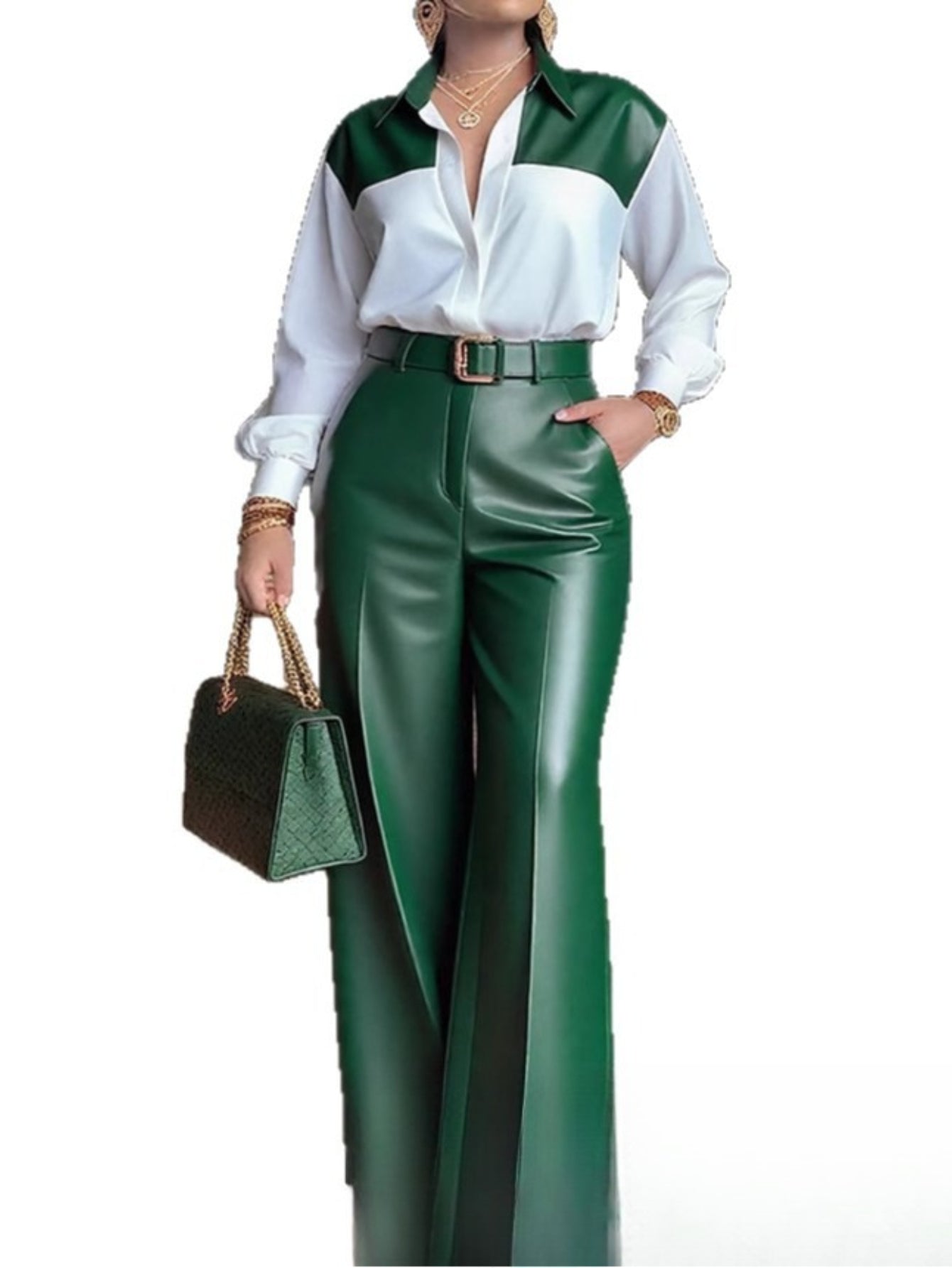 ARTPAGE Office Commuting Leather Pants Outfit, Long Sleeve Shirt + High-Waisted Wide-Leg Leather Pants Two-Piece Set