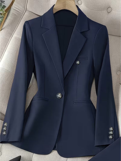 2pcs Navy Blue Waist-Defining Suit with Straight-Leg Pants | Women'S Retro-Inspired Sharp Style with Metal Button Detailing, Perfect for Workplace Commutes And Formal Business Settings.