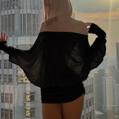 Women'S Sexy Off-the-Shoulder Long Sleeve Mini Dress - Solid Color Sheer Panel Party Clubwear, European & American Inspired Pleated Bandeau Dress for Spring/Autumn, Casual to Night Outfits, 2025 New Arrival (Sexy Off-Shoulder