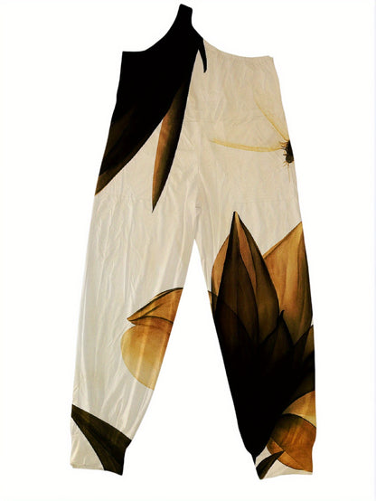 Elegant One-Shoulder Jumpsuit with Abstract Floral Pattern - Beige & Black, Asymmetrical Neckline, Flowy Design, Perfect for Formal Events, Summer Style, Adult Women'S Fashion, Elegant Attire | Asymmetrical Neckline | Flowy F