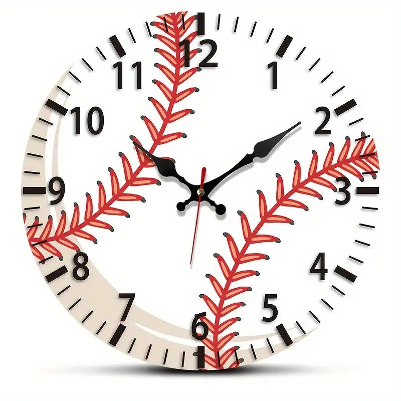 1pc Baseball-Themed Wall Clock - Large Easy-to-Read Black & Red Baseball Seam Design, Silent Quartz Movement with Japanese Mechanism, 9.84-Inch Round Wood Frame, Black Hands & Red Second Hand - Battery-Powered (AA Batteries N