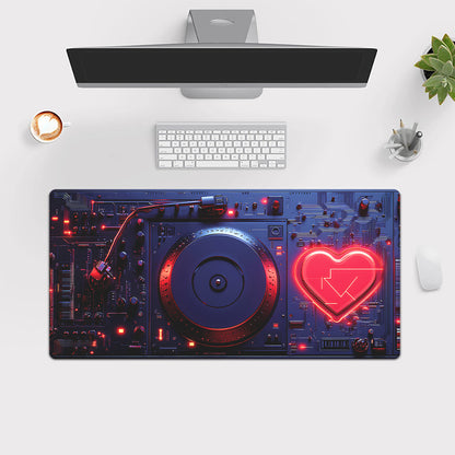 Large Robotic Heart Gaming Mouse Pad - Vibrant DJ Mixer Design, Anti-Slip Rubber Desk Mat for PC & Laptop, Office & Gamers, Soft Fabric Surface, Blue & Red Aesthetic