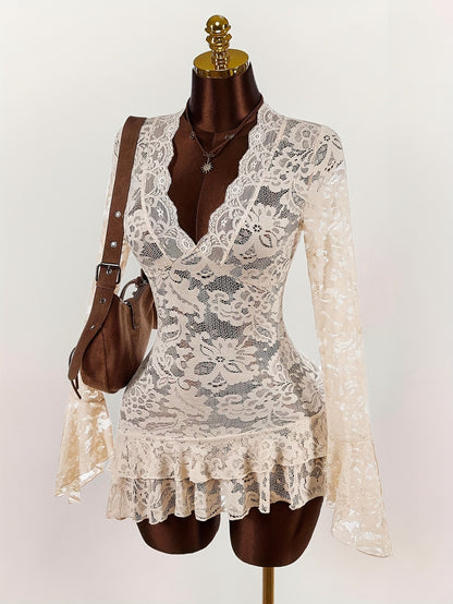 Bohemian Style - Low-Cut Mini Dress - with Sheer Fabric