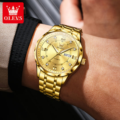 OLEVS Luminous Stainless Steel Automatic Mechanical Watches for Men Brand New Luxury Original Business Golden Men's Wrist Watches Classic Trend Best Selling High Quality Men's Watches,  Classic Design, Premium Materials, Gift