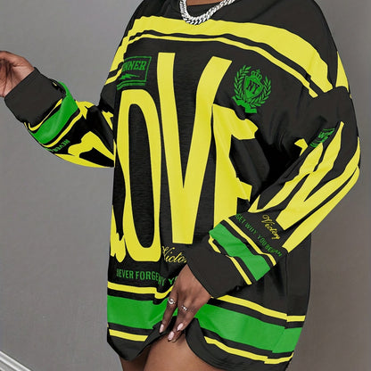 Plus Size - This Plus-Size Women'S American Street Style Long-Sleeve Top Features a Large 'LOVE' Letter Print That Is Eye-Catching. with Text And Stripe Elements, It Exudes a Strong Sense of Fashion. The Loose Fit Is Friendly