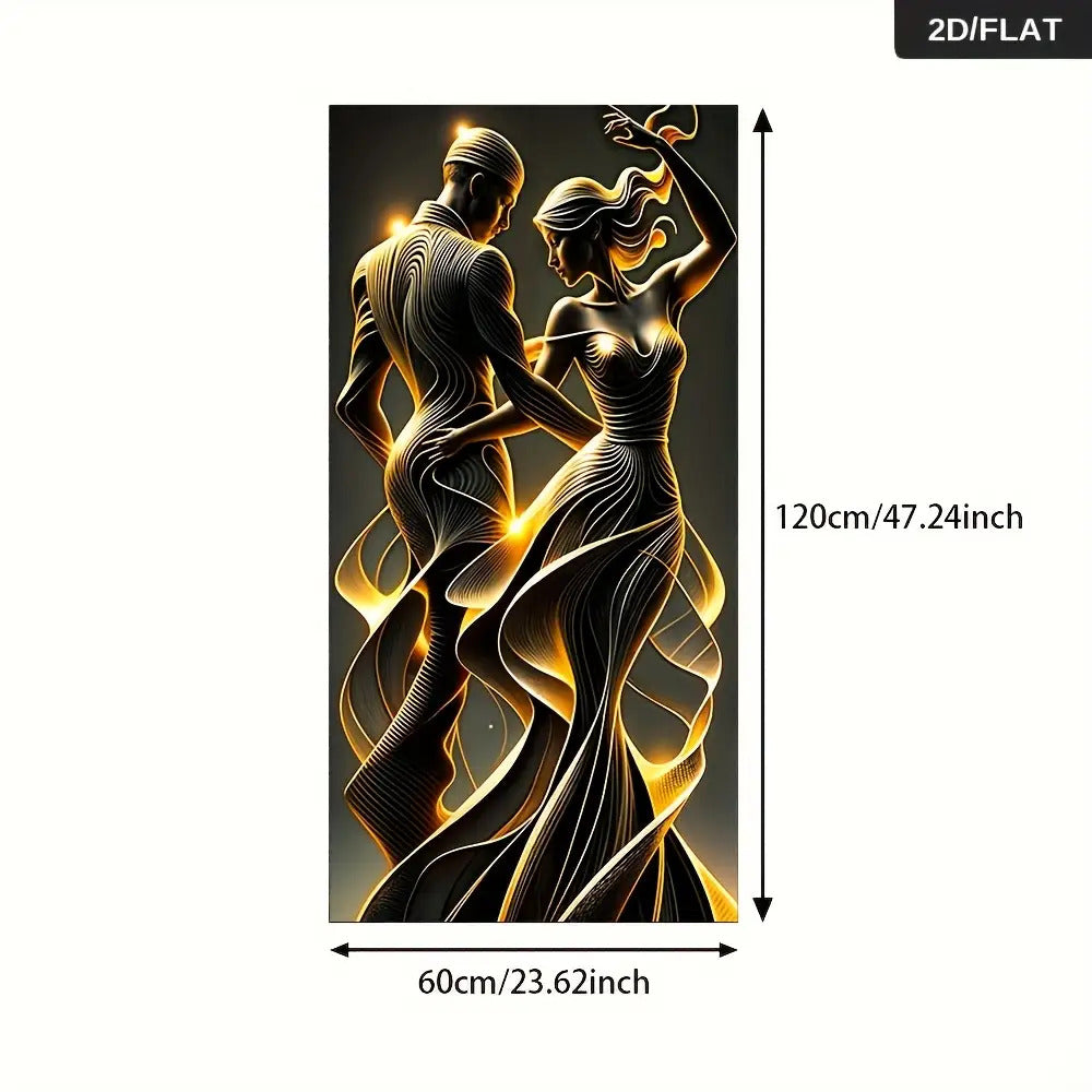 Modern Abstract Couple Wall Art - Large Frameless Canvas Poster 59.99x119.99cm (23.6"x47.2") - Golden & Black Swirl Pattern Dynamic Pose Elegant Textured Painting for Bedroom, Living Room, Hallway Decor - Contemporary Minimal