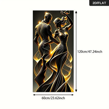 Modern Abstract Couple Wall Art - Large Frameless Canvas Poster 59.99x119.99cm (23.6"x47.2") - Golden & Black Swirl Pattern Dynamic Pose Elegant Textured Painting for Bedroom, Living Room, Hallway Decor - Contemporary Minimal