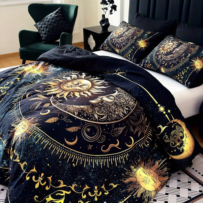 3pcs Duvet Cover Set, Polyester 90g Woven, Digital Printed Golden Sun Moon Planet Pattern, Machine Washable, All-season for Home Dormitory, 1 Duvet Cover + 2 Pillowcases (No Insert)