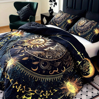 3pcs Duvet Cover Set, Polyester 90g Woven, Digital Printed Golden Sun Moon Planet Pattern, Machine Washable, All-season for Home Dormitory, 1 Duvet Cover + 2 Pillowcases (No Insert)