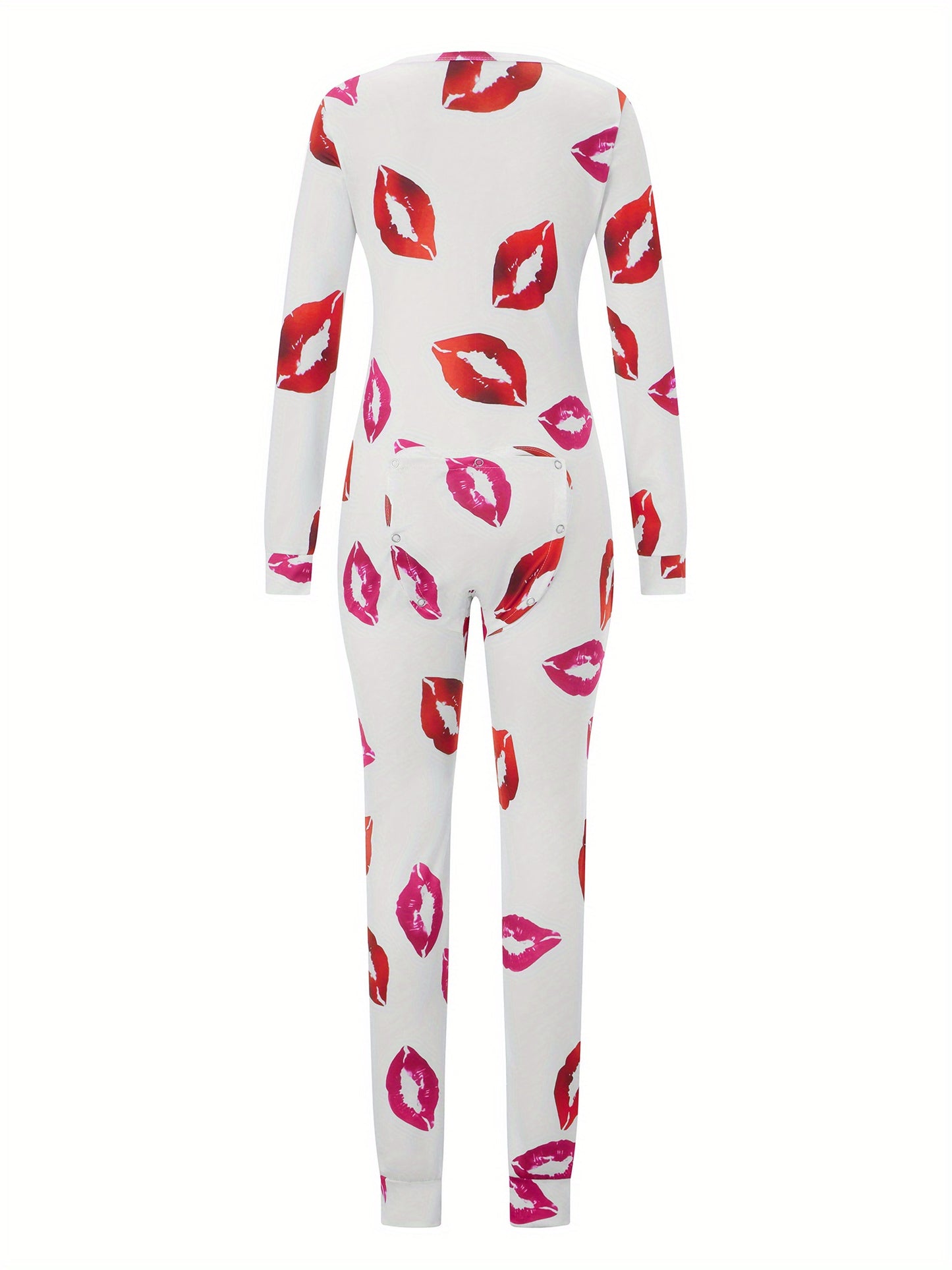 Women Functional Buttoned Flap Jumpsuit Sleepwear Solid Color Printed Long Sleeve Homewear Pajamas