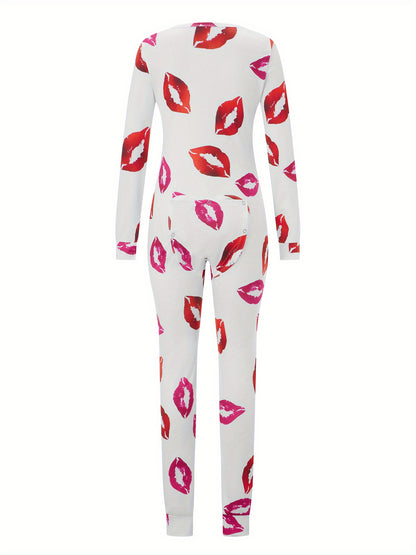 Women Functional Buttoned Flap Jumpsuit Sleepwear Solid Color Printed Long Sleeve Homewear Pajamas