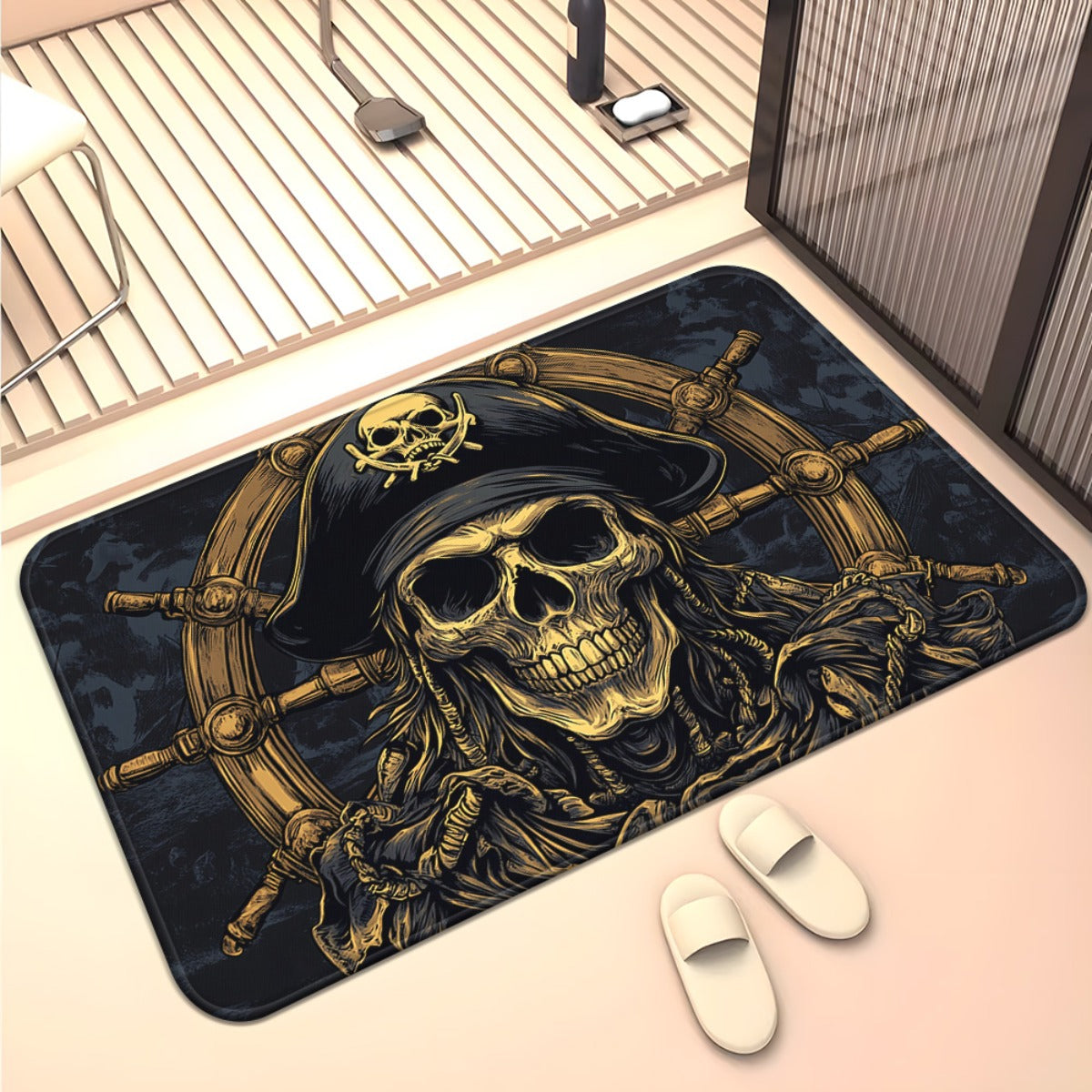 1pc Pirate Skull & Wheel Design Microfiber Absorbent Machine Washable Polyester Rug - Black & Golden Pirate Ship Wheel & Skull Motif, Durable Rectangular Floor Mat for Bathroom, Bedroom, Living Room Entrance, Home Decor, Bath