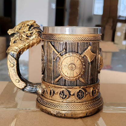 Vintage Medieval Handle Beer Mug: 600ml/20.29oz Large Capacity Stainless Steel Mug - Perfect for Summer Beverages, Coffee, or as a Men's Birthday Gift - Hand Wash Only - Resin Cup Collection