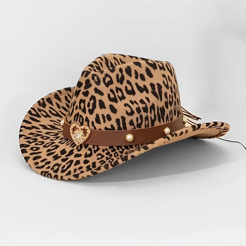 Women'S & Men'S Leopard Print Western Cowboy Hat with Detachable Heart-Shaped Felt Band - Lightweight Adjustable Snap Closure, Brown/Black/Beige/Tan Animal Print, Wide Brim for Outdoor Events, Christmas, Thanksgiving, Western