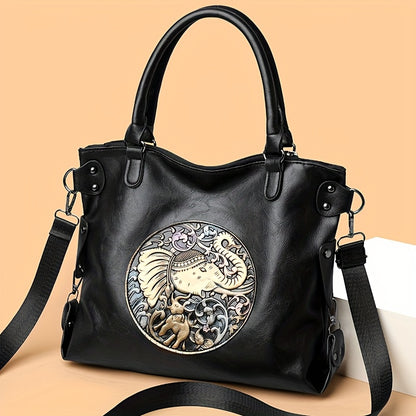 Women'S Large Capacity Tote Bag with Adjustable Strap - Elegant Black & Golden Animal Print (Elephant, Leopard, Lion, Tiger, Dragon) - Durable Synthetic Faux Leather-like Texture, Spacious Everyday Purse for Work, Travel, Ver