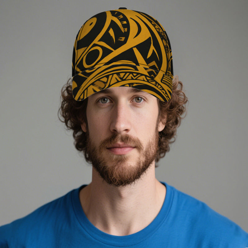1pc 2D Aztec Spiral Maze Print Baseball Cap - Adjustable Snapback with Full-Body Design, Black & Yellow Pattern, Perfect for Sports, Street Fashion & Outdoor Running, Sports Headwear | Bold Headgear | Durable Headwear