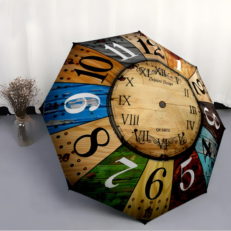 Automatic Open/Close Umbrella with 8 Metal Ribs - Vintage Clock Design, Windproof & Portable Sunshade, Compact Folding Umbrella for Women/Men, Halloween/Christmas Gifts (Brown/Blue/Green/Red/Black/White/Teal/Beige) - Model K0