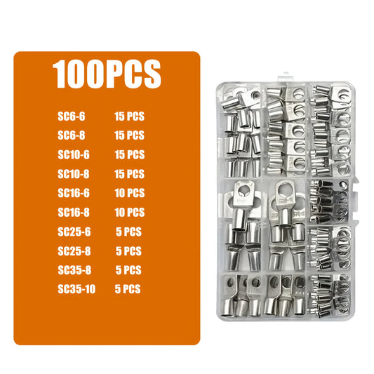 100pcs Tinned Crimp Rings SC Battery Wire Lugs- Marine/Automotive Crimp Ring Connectors for Cable Terminals & Voltage Wiring Kits, Wire Connectors